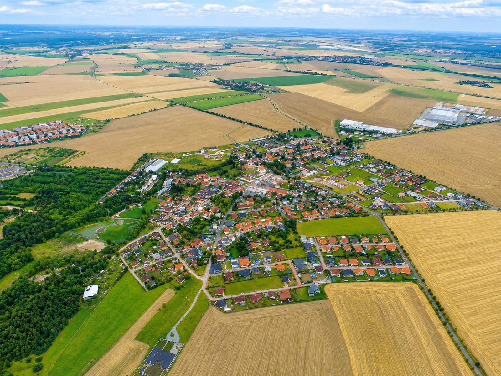 Aerial view of the village of Radonice and the surrounding fields